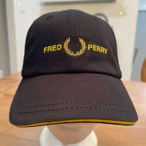 NWOT Fred Perry Black Baseball Cap Hat Yellow Details One Size 100% Cotton